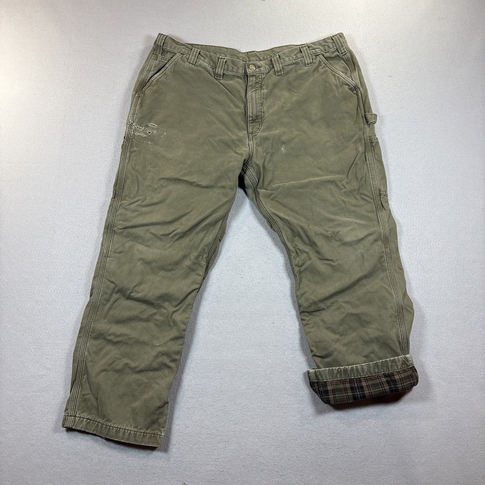 Carhartt Flannel Lined Cotton Canvas Carpenter Men Pants Khaki 44x30 Distressed
